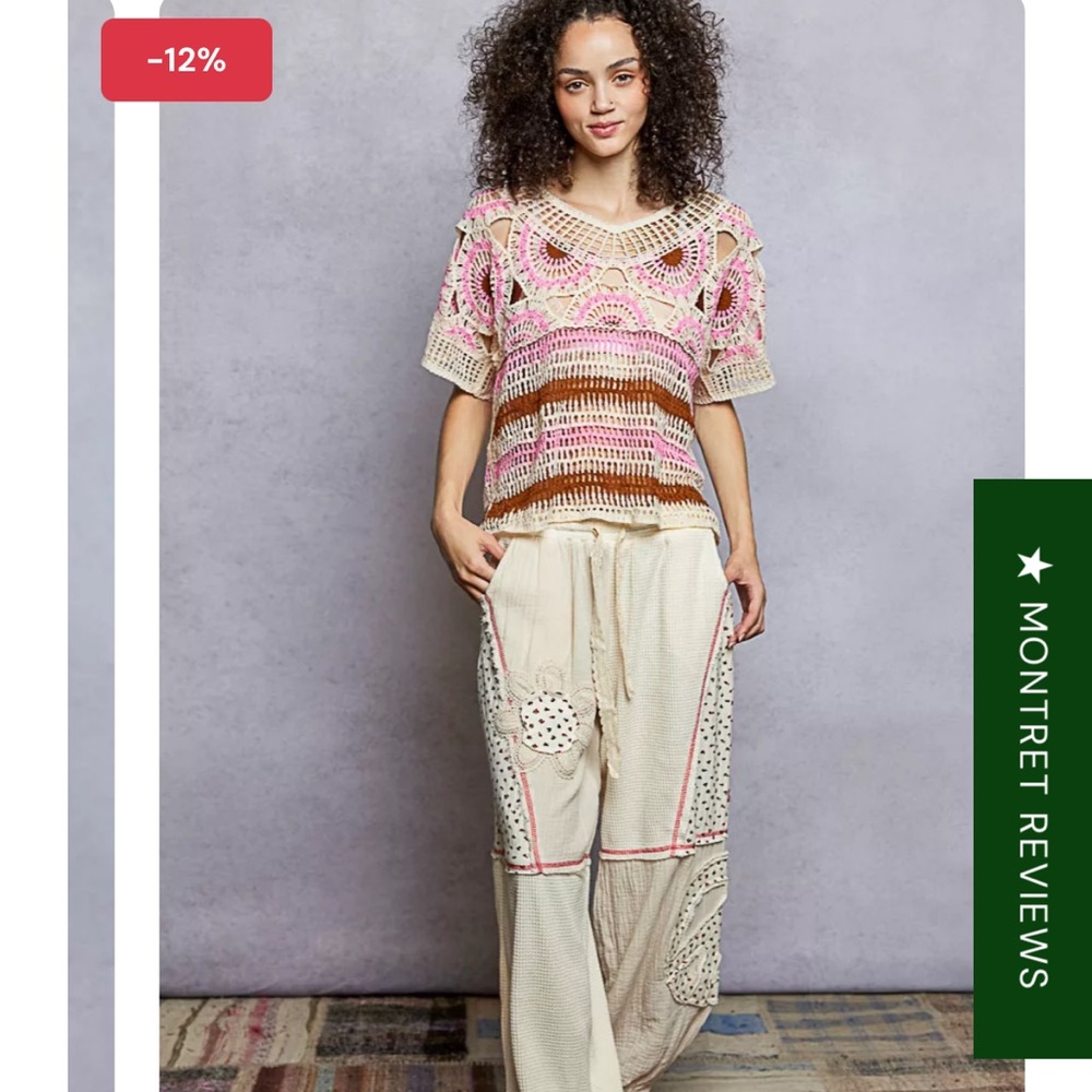 POL boho weave pattern Crochet knit Pink and Brown Top one size - Picture 6 of 10